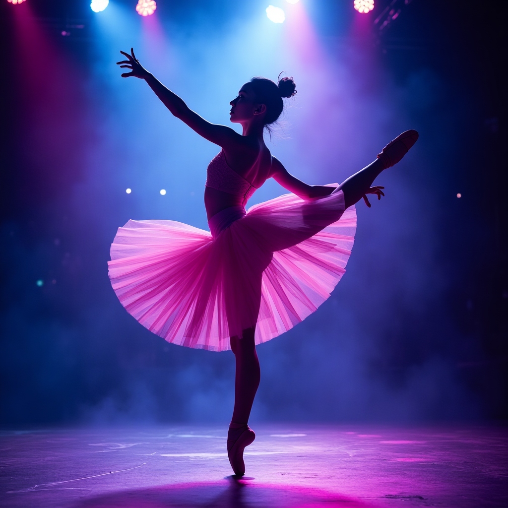 Ballerina in a dramatic mid-air kick with a tulle skirt flaring