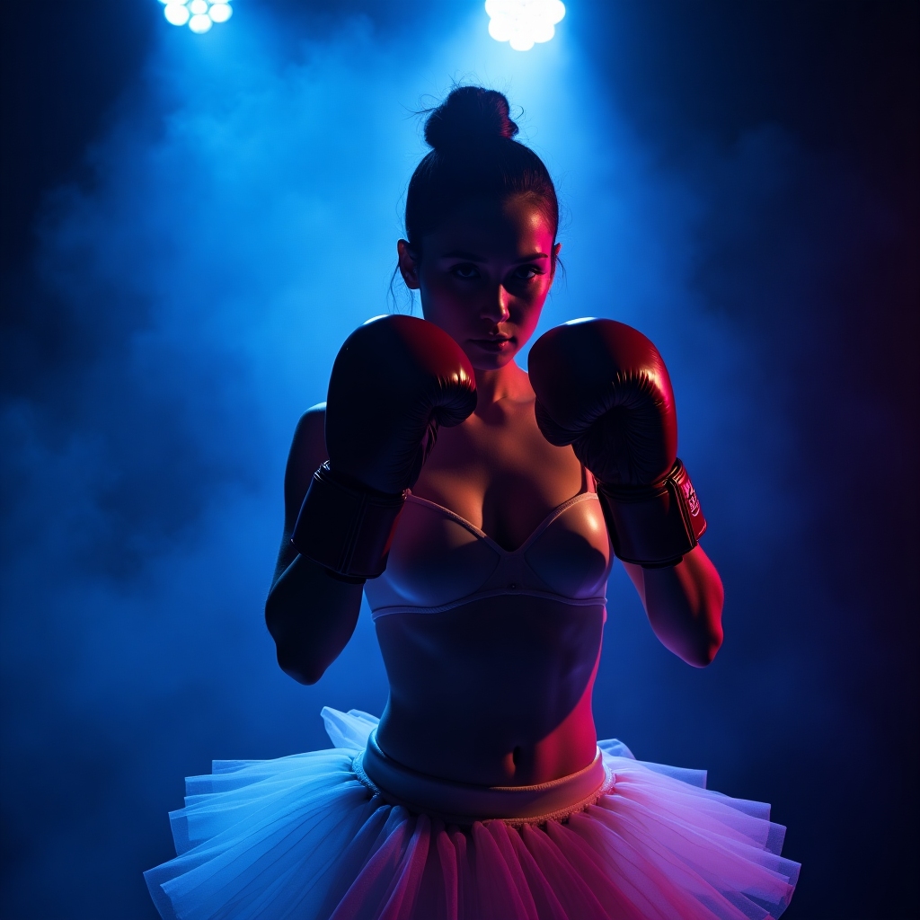 Ballerina in a defensive pose with boxing gloves and intense stage lighting