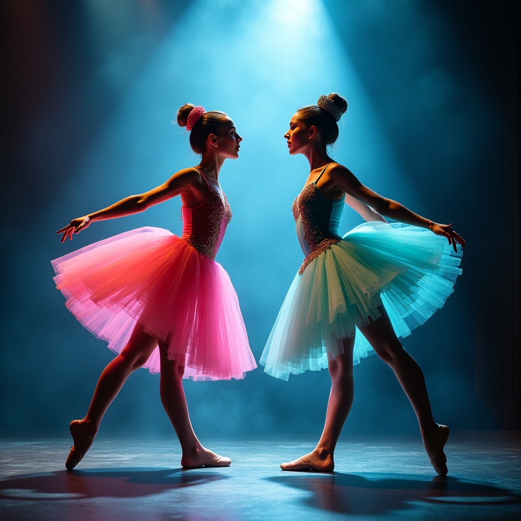 Two ballerinas squaring off with fierce expressions and dramatic costumes