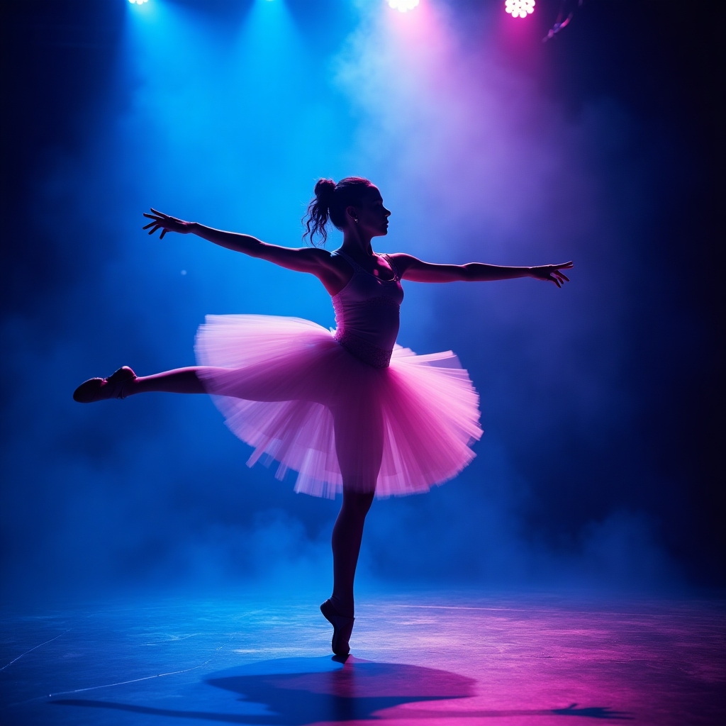 Ballerina landing a spinning kick with spotlight haze behind