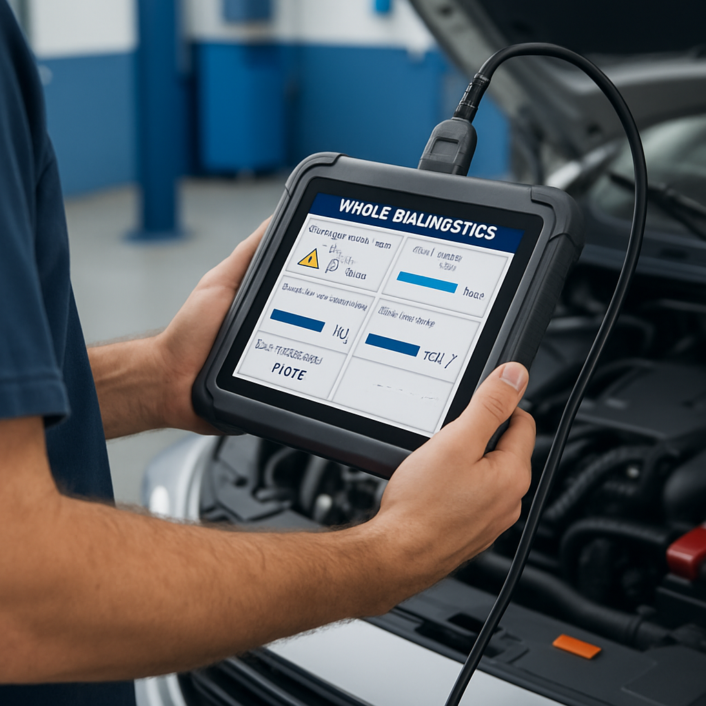 Modern vehicle diagnostics device in use by a technician.