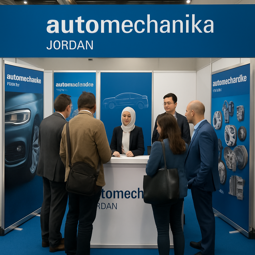 Automechanika Jordan exhibition booth with visitors and banners.