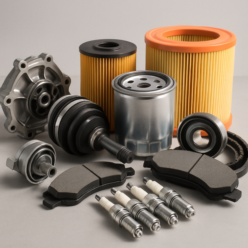 Assorted automotive spare parts neatly arranged on a workbench.