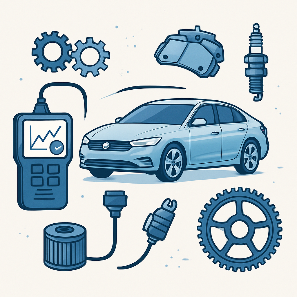 Automotive technology illustration showing diagnostic devices and spare parts