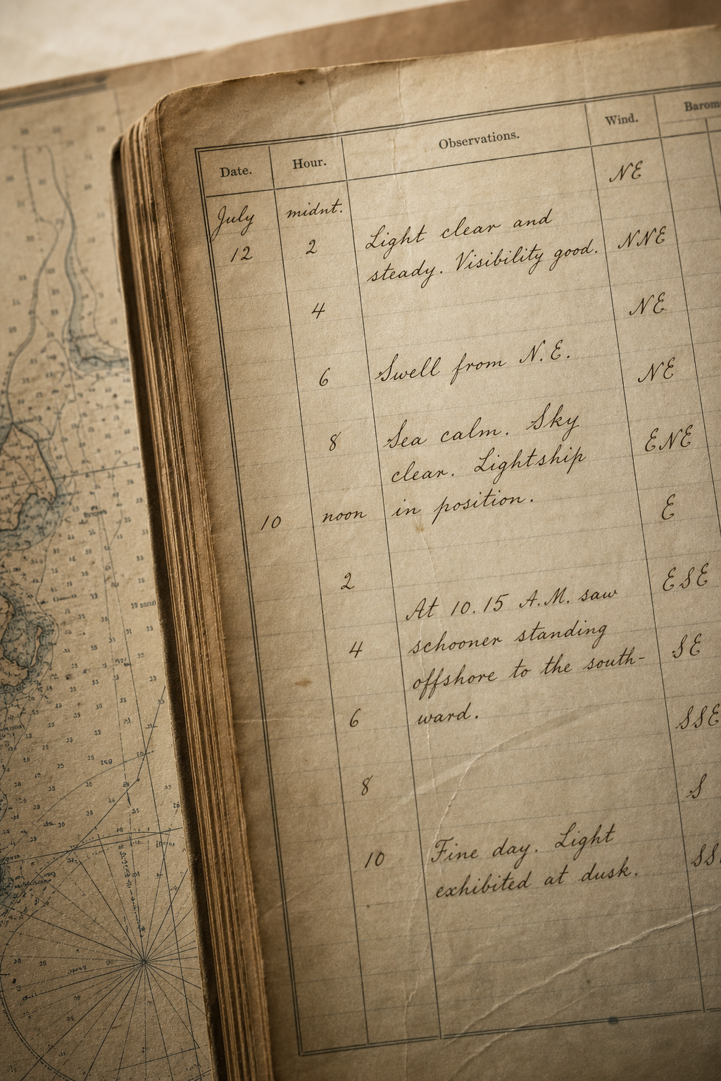 Close archival insert showing a weathered lighthouse logbook page with handwritten entries and chart edges