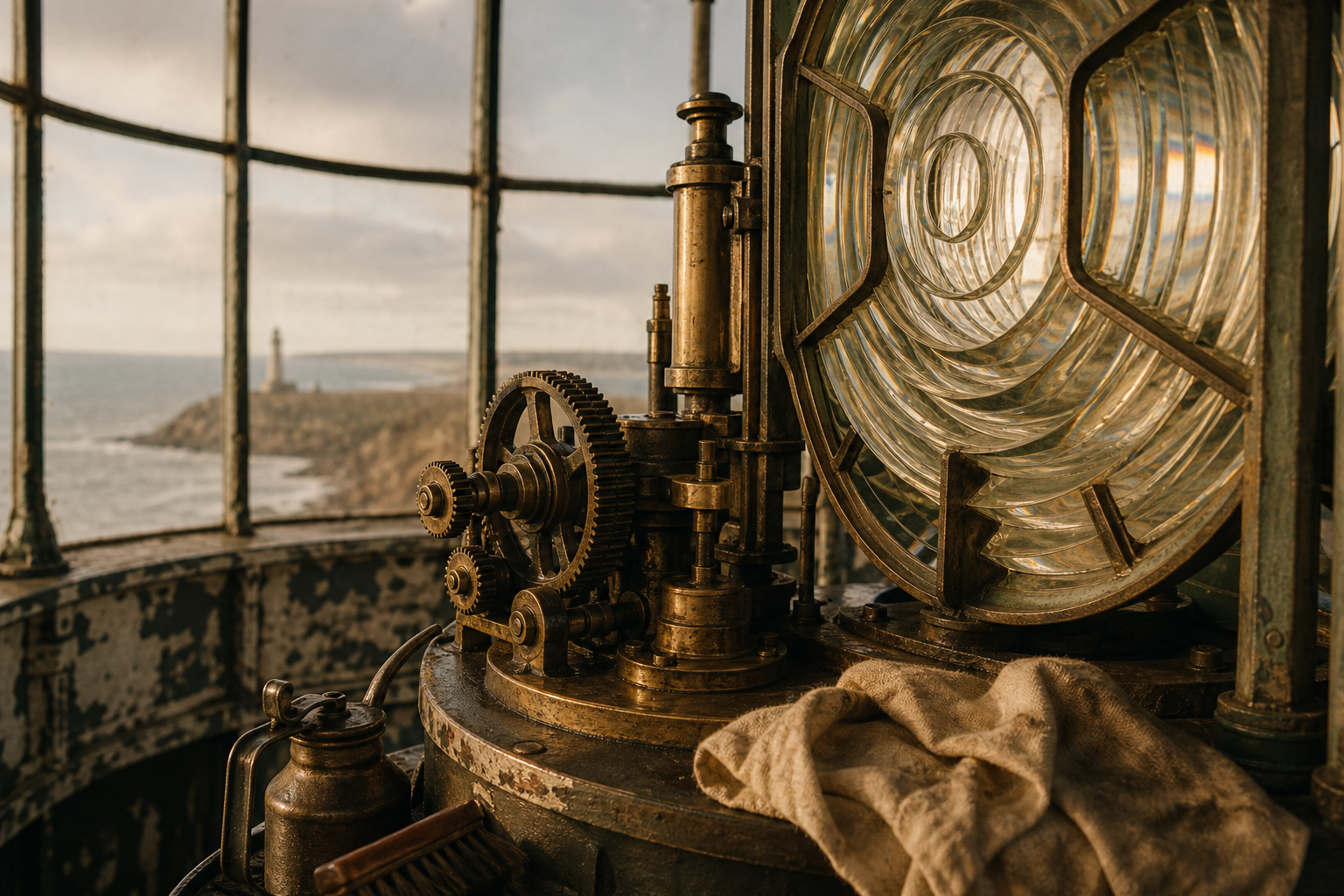 Warm film-like close view of brass lantern room gears, glass prisms, and maintenance tools inside a historic lighthouse