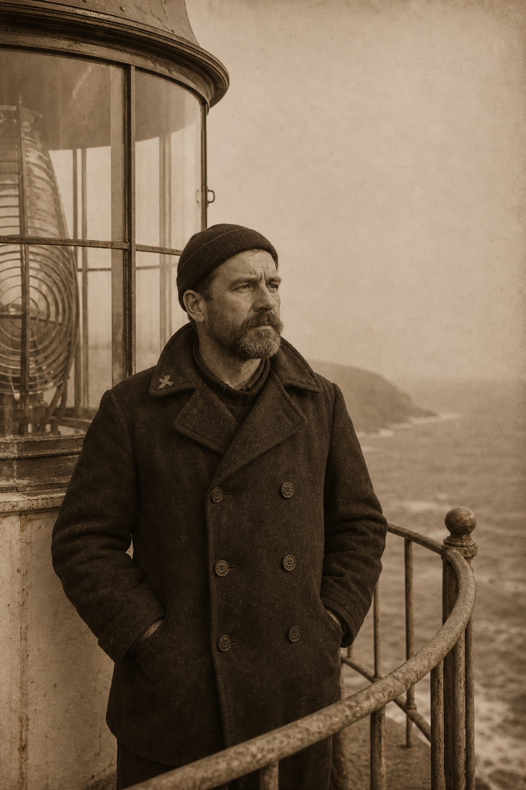 Sepia archival portrait of keeper Elias Rowan in a heavy wool coat beside a lighthouse lantern room railing