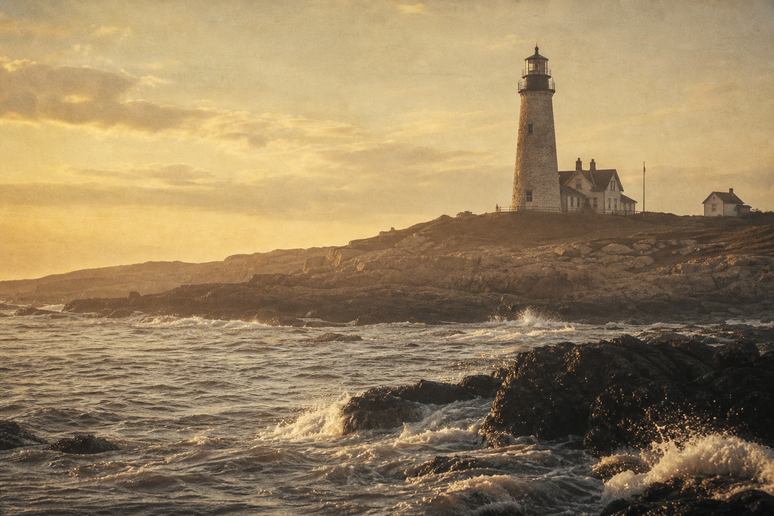Historic warm-toned coastal approach scene with lighthouse tower emerging beyond low surf and rocky shoreline