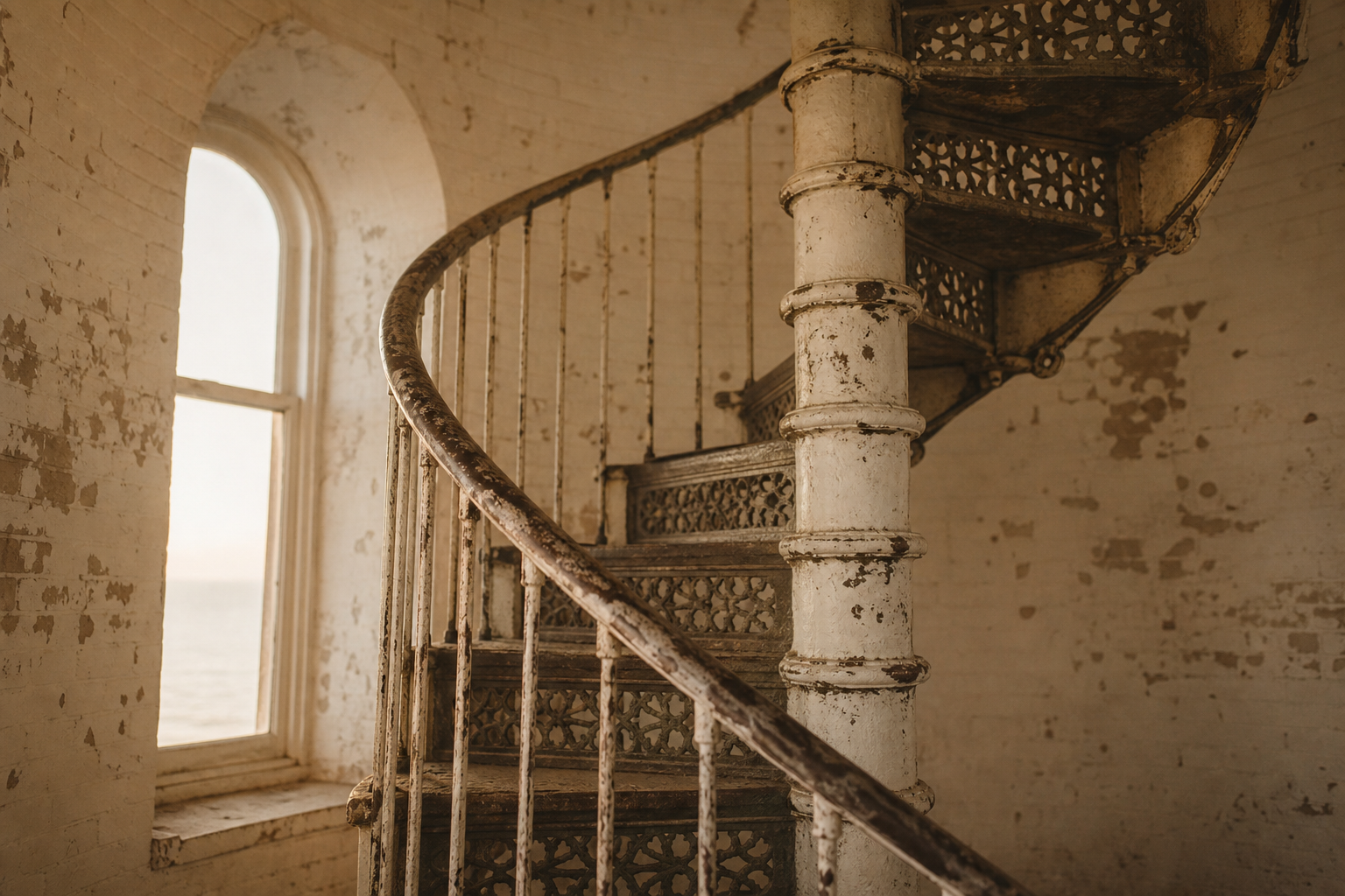Sepia-warm archival photograph of worn cast-iron spiral lighthouse stairs with chipped paint and polished treads