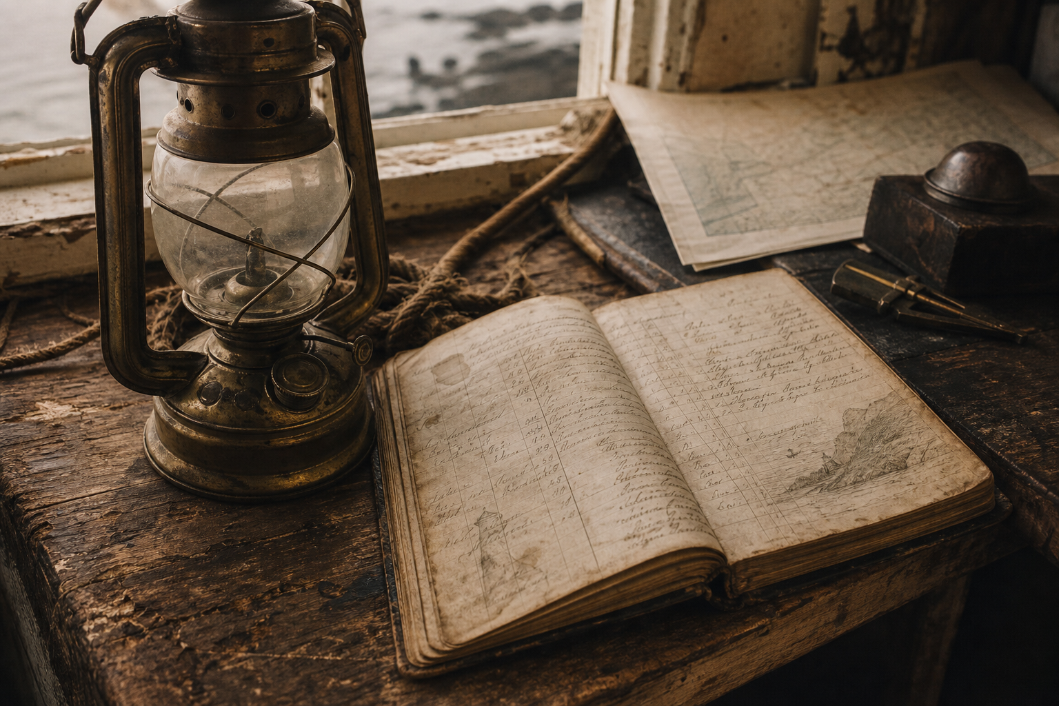 Archival still life of a brass oil lantern beside a weather-stained logbook on a wooden keeper desk