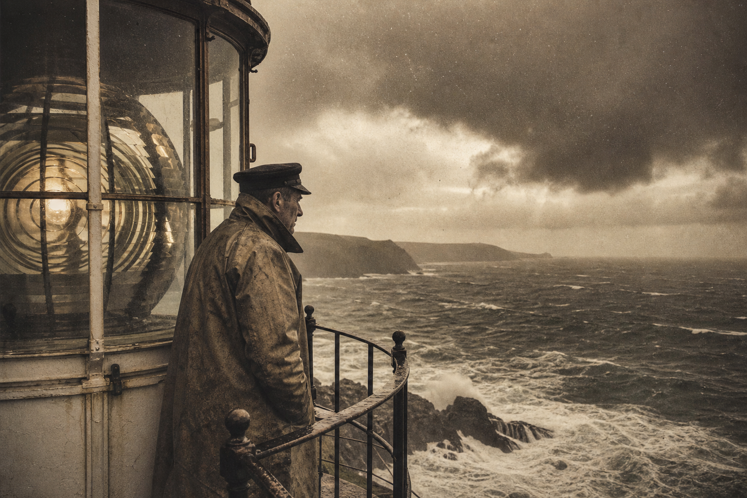 Grainy warm-toned archival photograph of a lighthouse keeper watching storm swells from a lantern gallery under heavy clouds