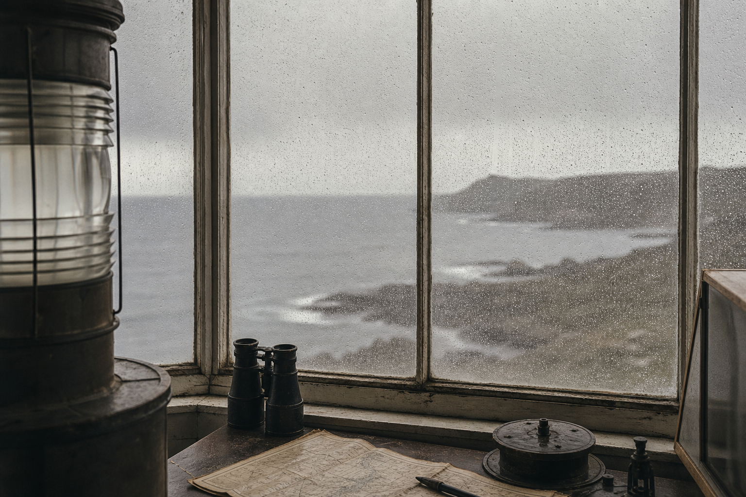 Muted archival interior showing rain-beaded watchroom window panes overlooking a rocky northern shoreline