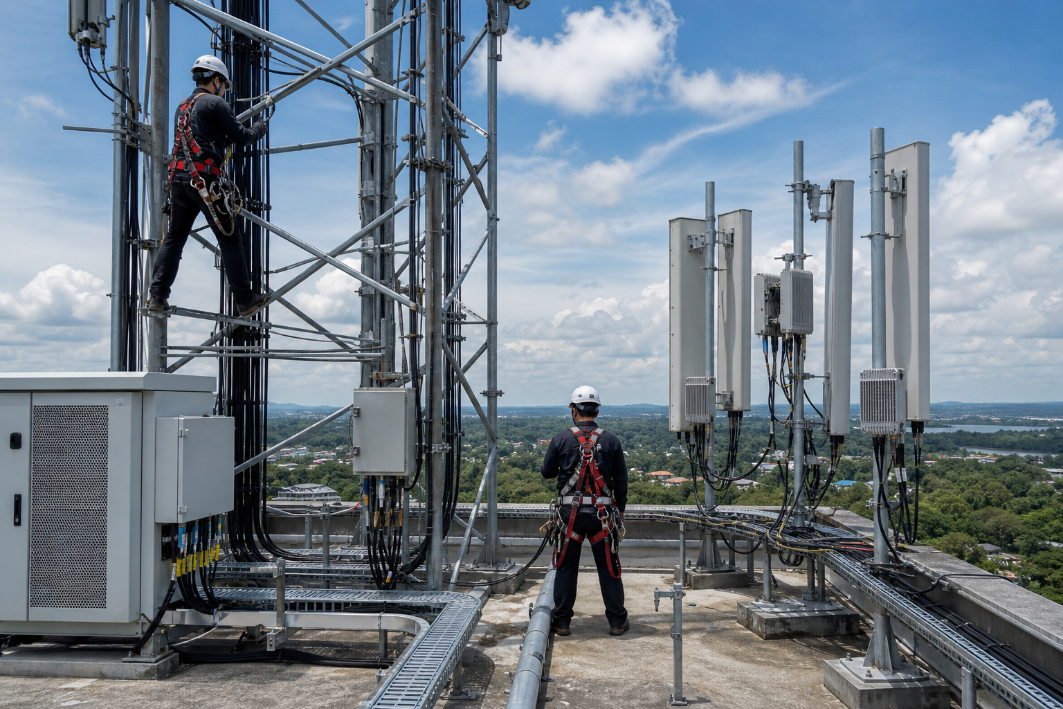 Telecom tower and rooftop antenna installation team working on an industrial site in daylight