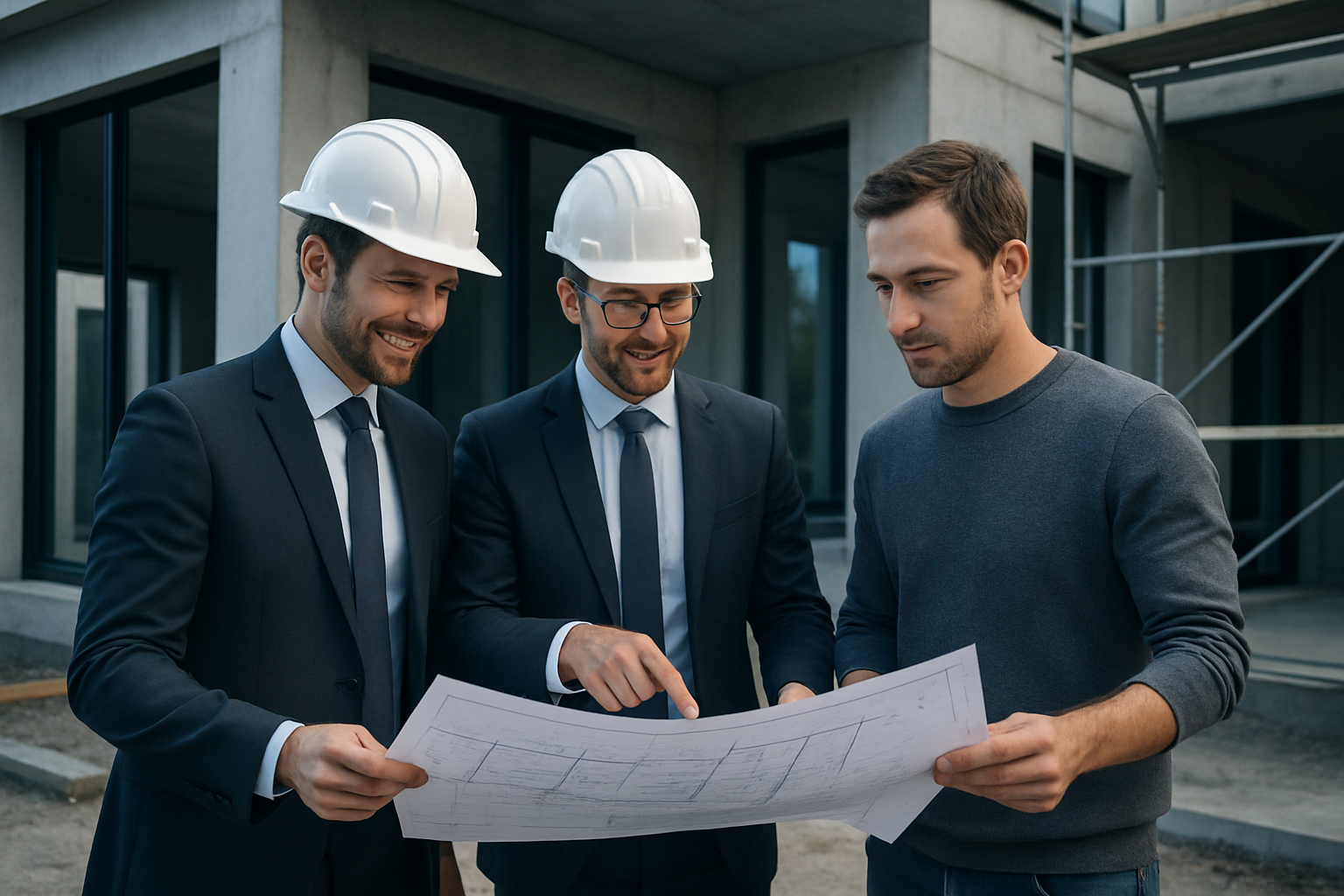 Construction consultants reviewing site plans with a homeowner