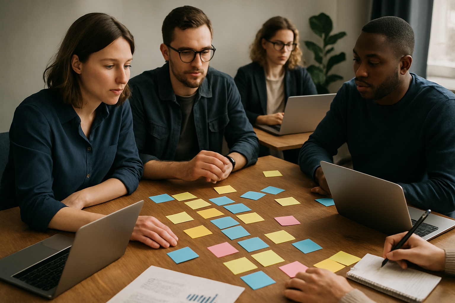 Team planning workshop with notes and laptops
