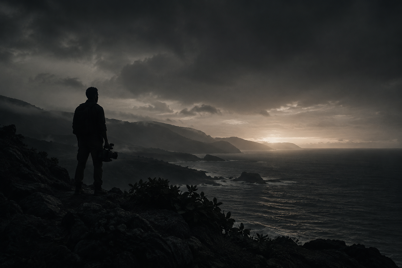 Wide cinematic still of a lone filmmaker silhouette overlooking a coastal Caribbean horizon at dusk with atmospheric haze