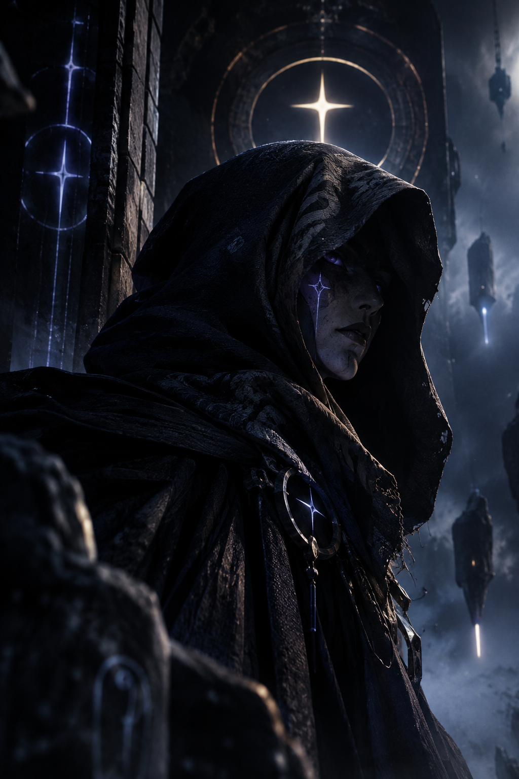 Atmospheric portrait fragment of SENTI in a shadowed digital shrine with glowing sigils and drifting particles