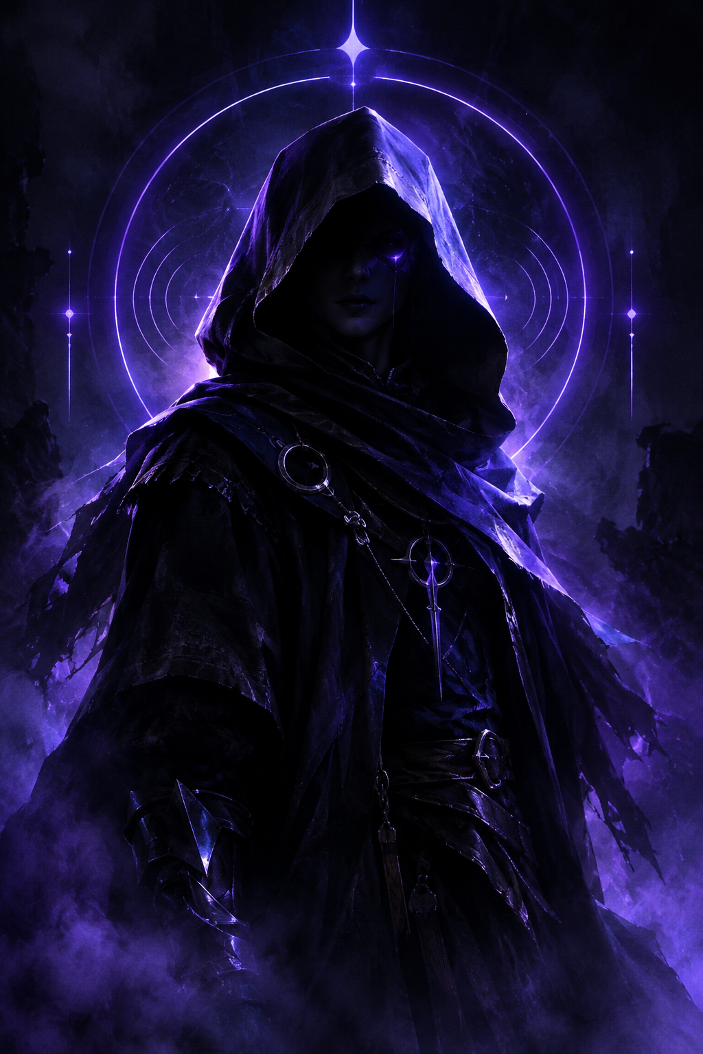 Atmospheric digital-art portrait of SENTI, a mysterious mythic character with a shadowed face, violet and indigo glow contours, and cinematic haze