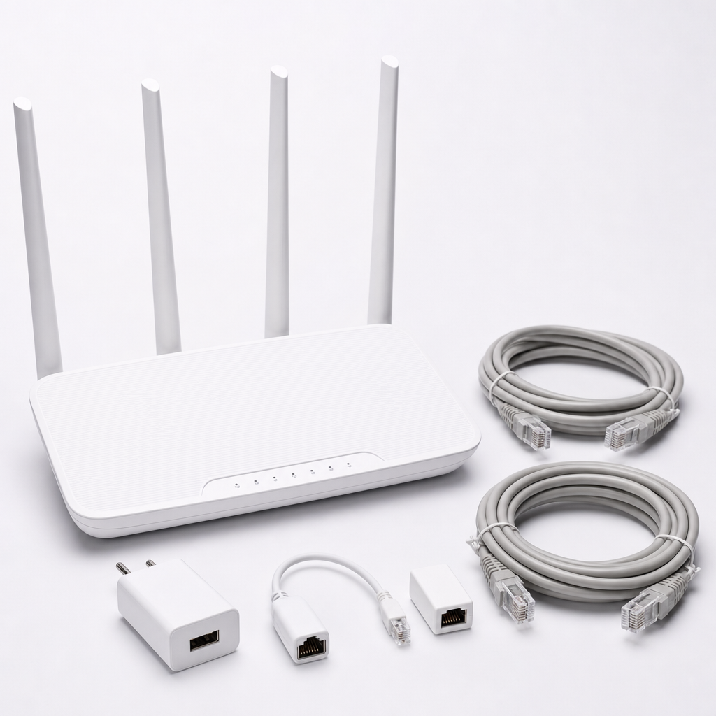 Kit de conectividad con router moderno blanco, cables de red y adaptadores