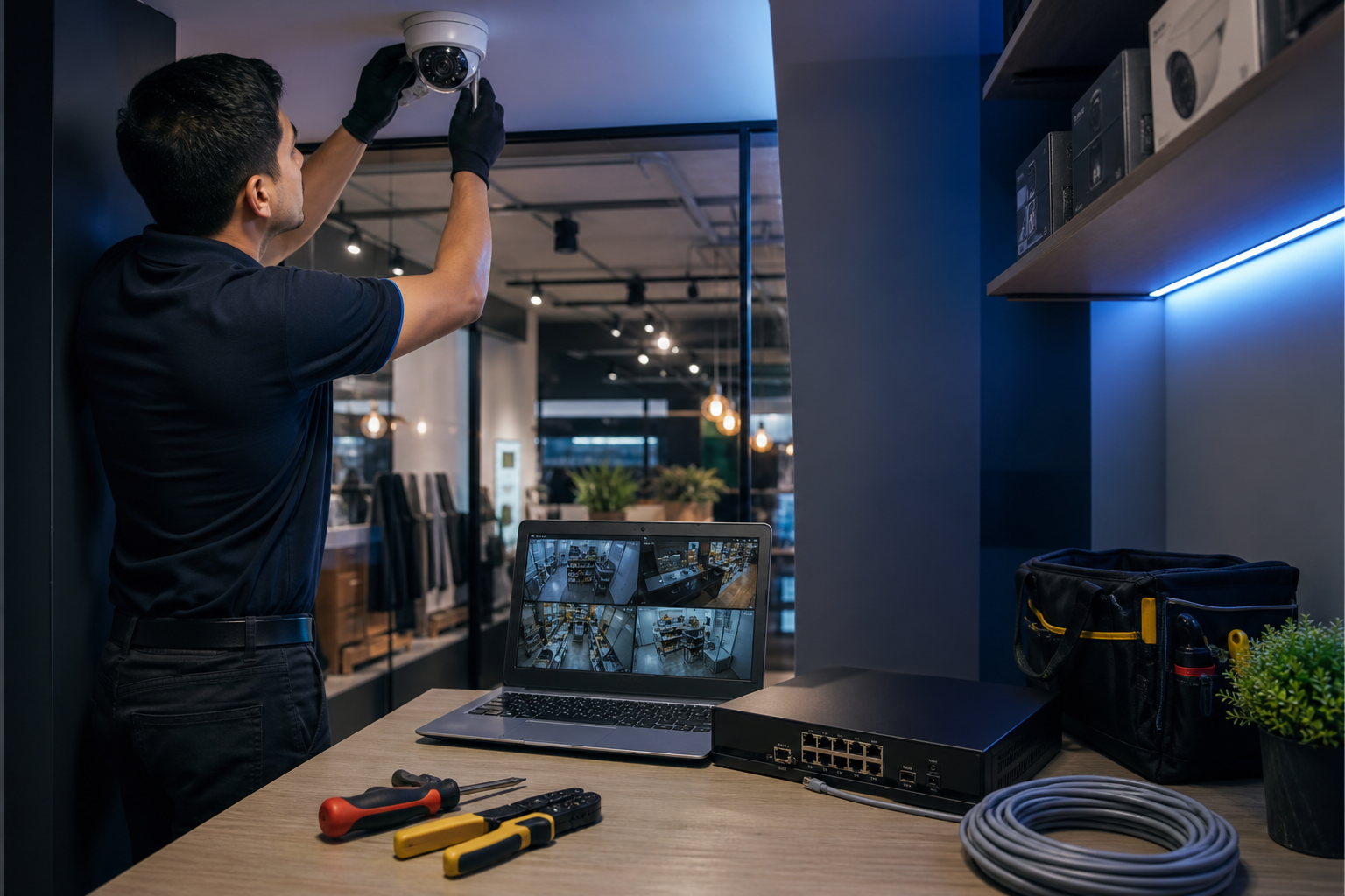 Técnico instalando cámara de seguridad moderna en un negocio con laptop y equipos CCTV