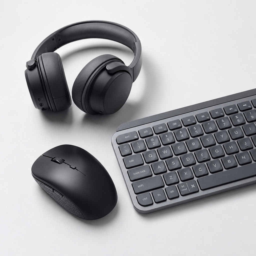 Accesorios de computadora con mouse inalámbrico negro, audífonos y teclado compacto