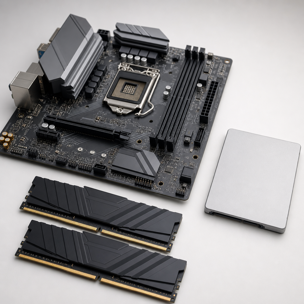 Componentes de computadora con memoria RAM, disco SSD y tarjeta madre sobre fondo neutro