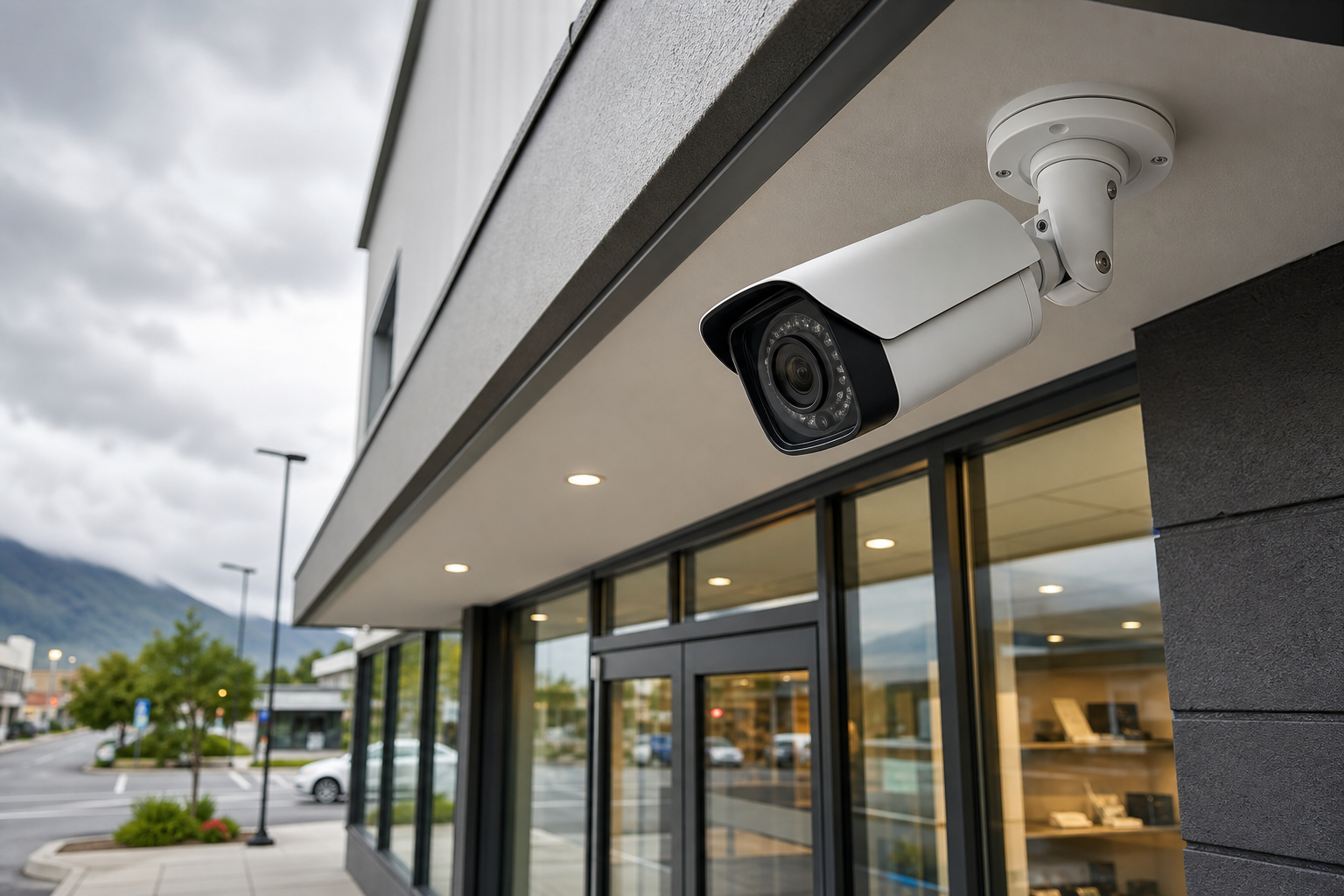Cámara de seguridad instalada en exterior con protección climática y visión amplia