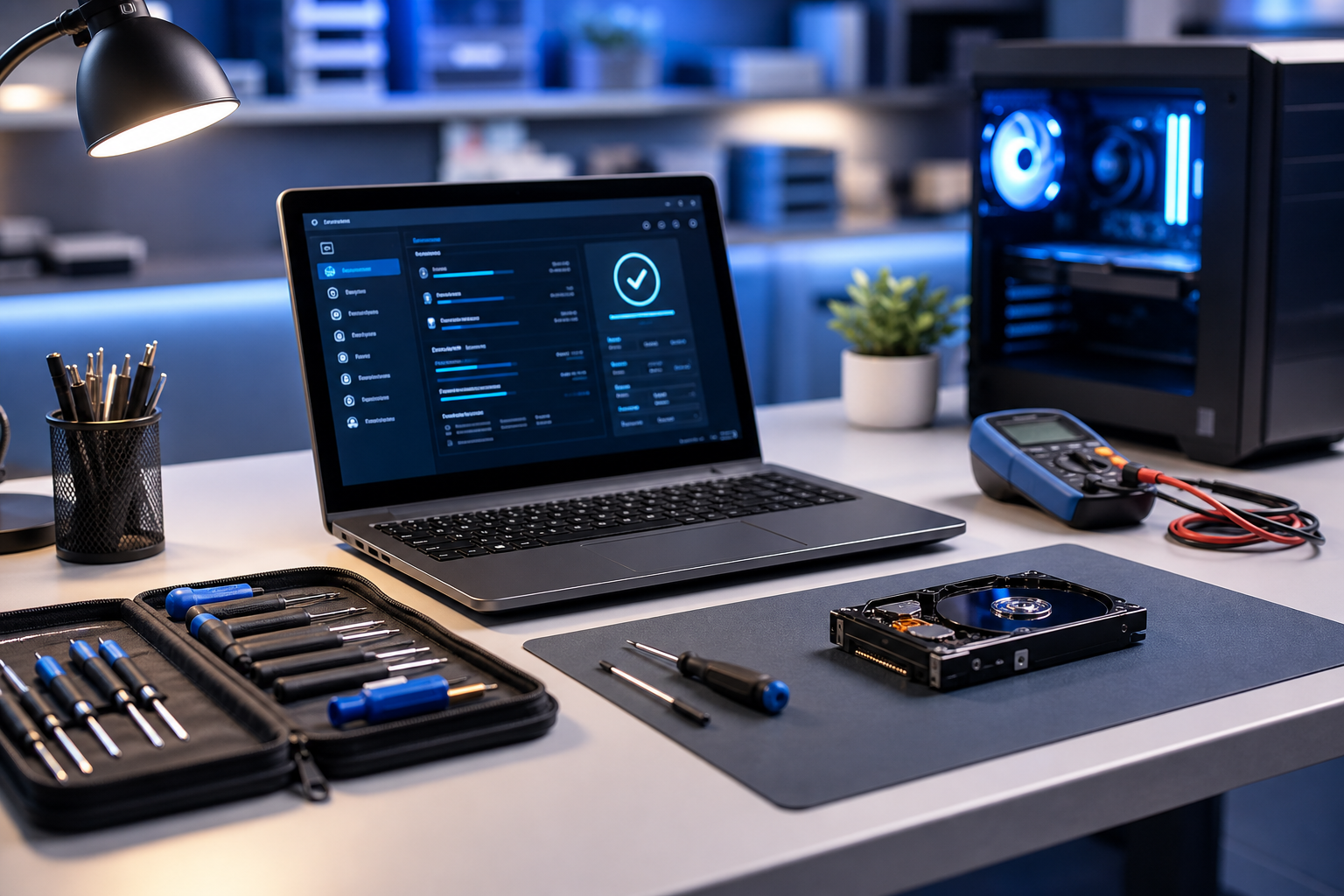 Mesa de trabajo con laptop abierta y herramientas para mantenimiento técnico
