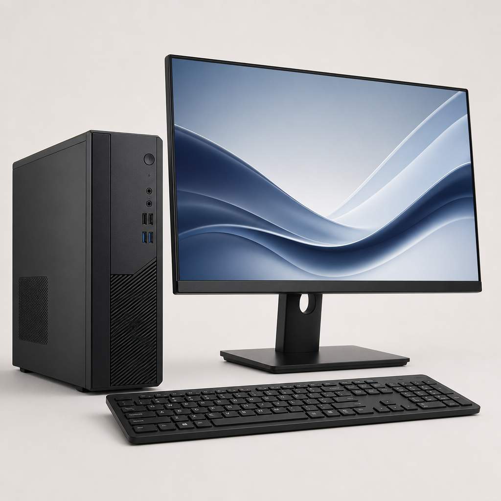 Computadora de escritorio compacta con torre negra, monitor delgado y teclado