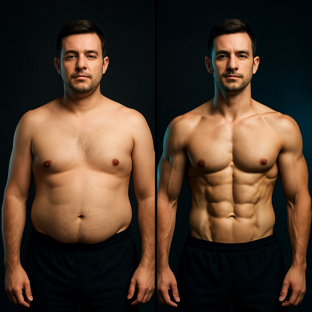 Split before and after photo of a man in his thirties showing a leaner waist and more defined shoulders after 12 weeks