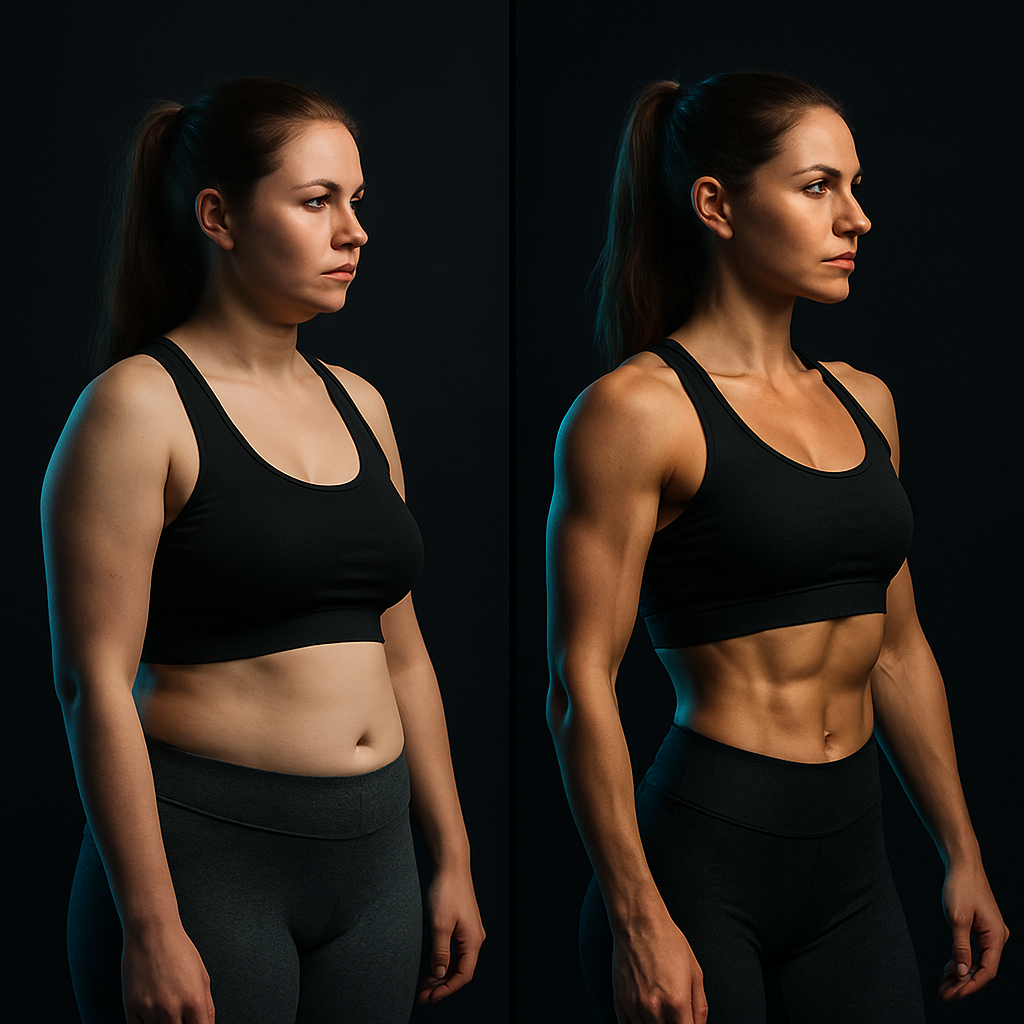 Split before and after photo of a woman in her late twenties showing toned arms and improved posture after 12 weeks
