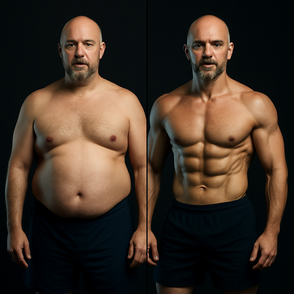 Split before and after photo of a man in his forties showing reduced body fat and a fuller chest after 12 weeks