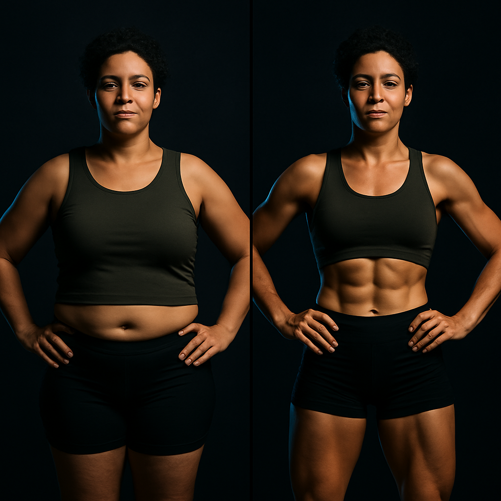 Split before and after photo of a woman in her late thirties showing defined legs and a stronger athletic build after 12 weeks