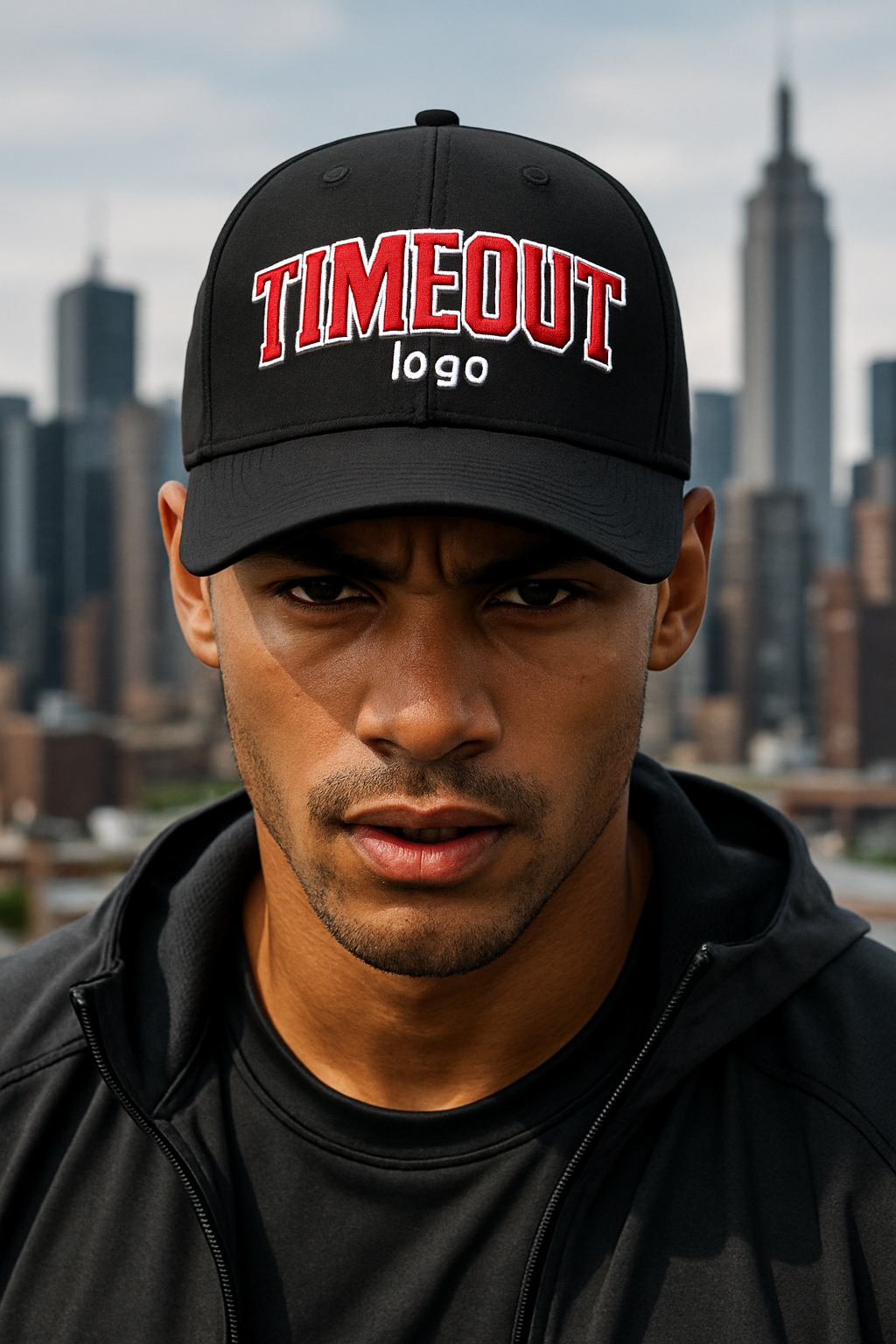 Bold Timeout logo sport cap on athlete, city skyline in background