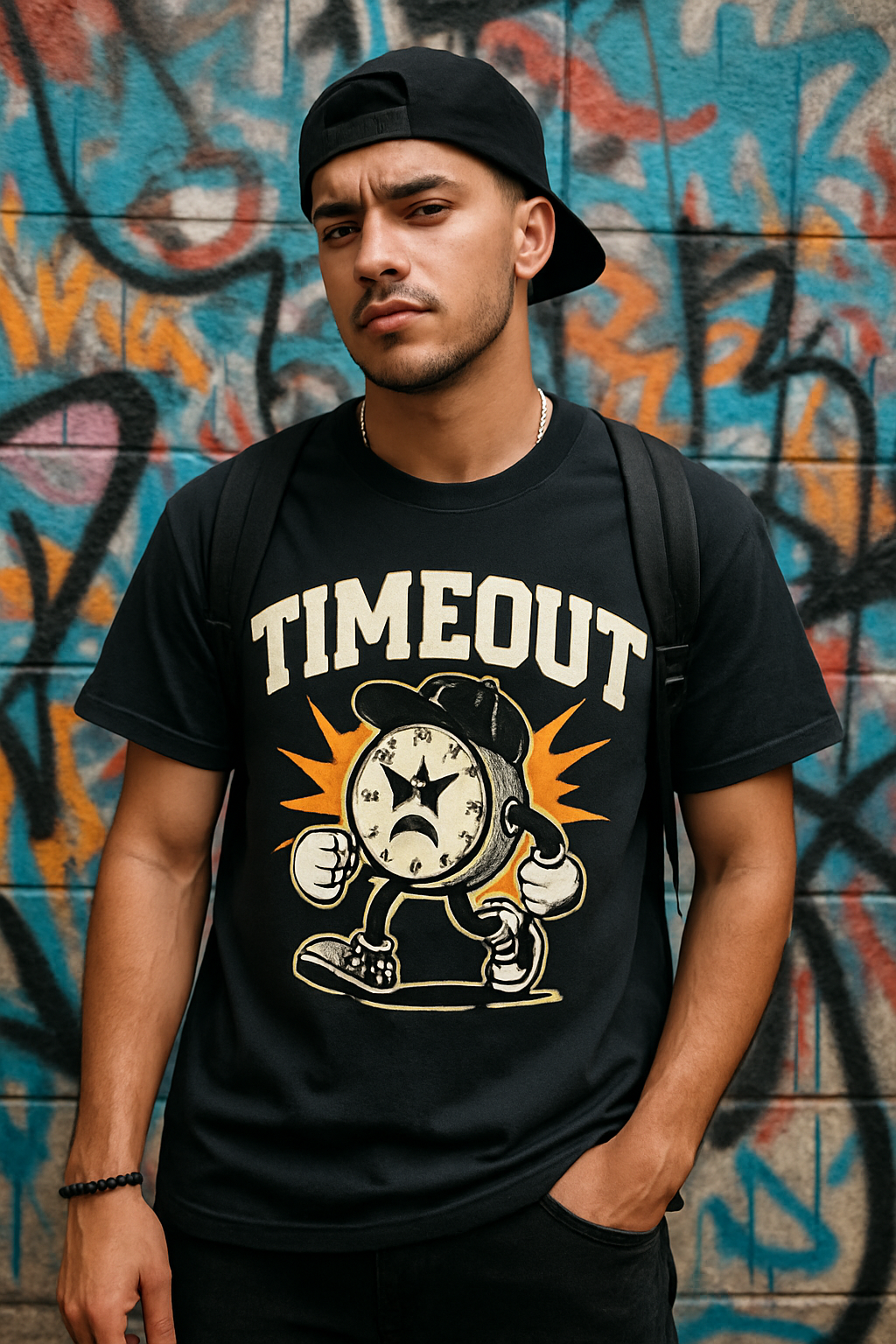 Timeout Streetwear graphic tee, worn with street accessories, graffiti wall background