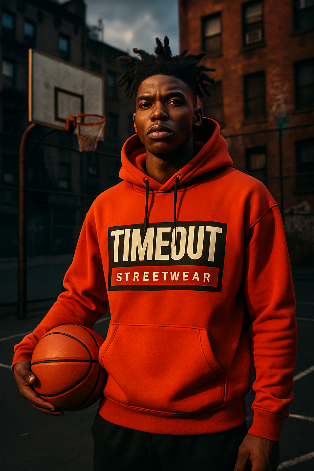 Model in Timeout urban hoodie, basketball in hand, posed in an urban court scene