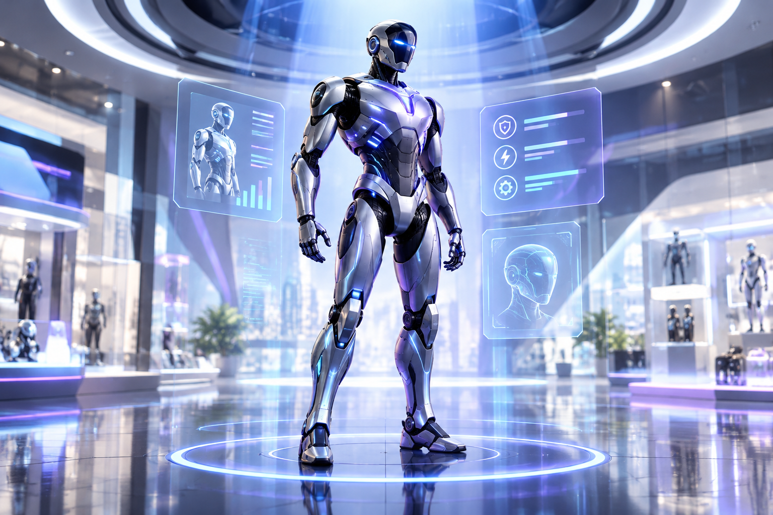 Flagship cinematic 3D humanoid service robot with polished titanium body, glowing interface accents, and volumetric studio lighting in a futuristic sci-fi retail environment