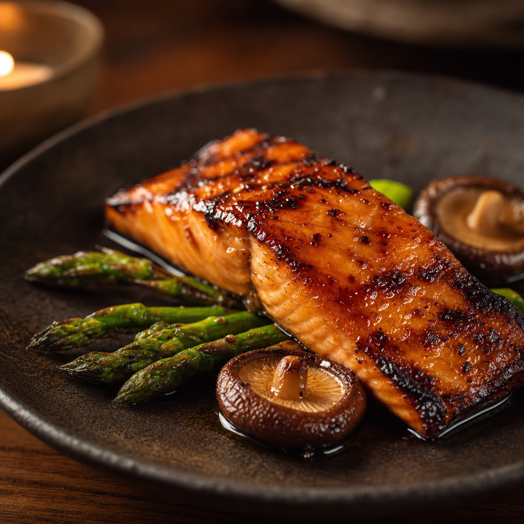 Charcoal grilled miso salmon with glazed surface and seasonal vegetables