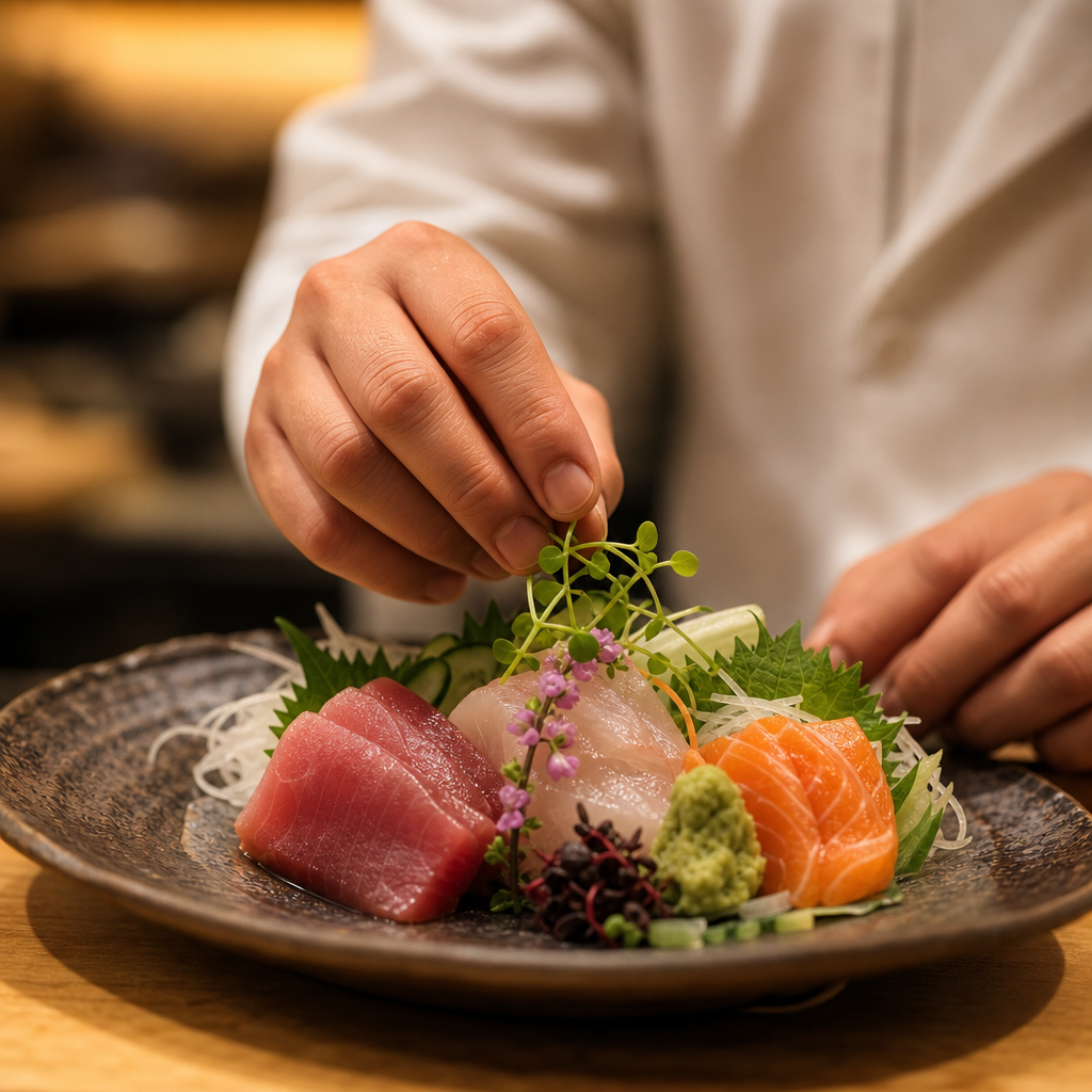 Chef’s hands finishing a delicate sashimi plate with microgreens