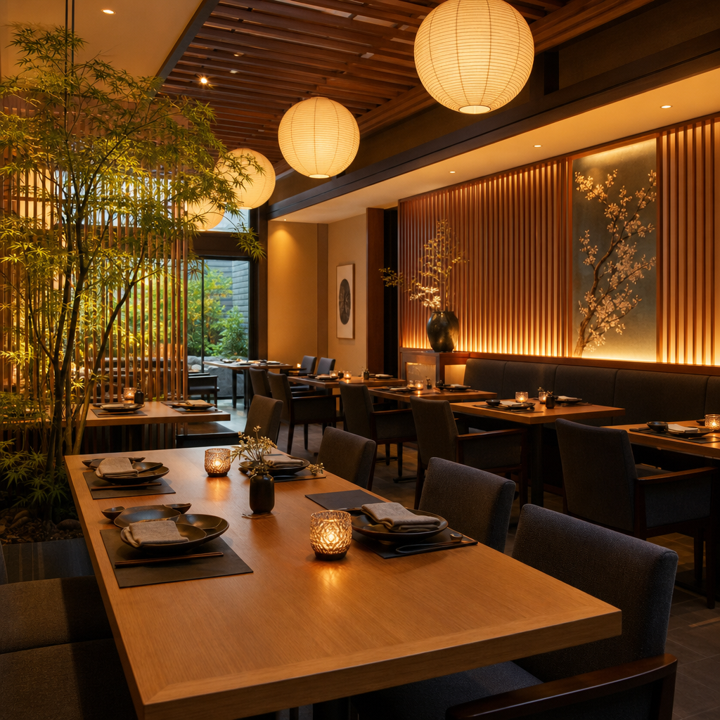 Warm modern Japanese dining room with wood accents and soft lighting