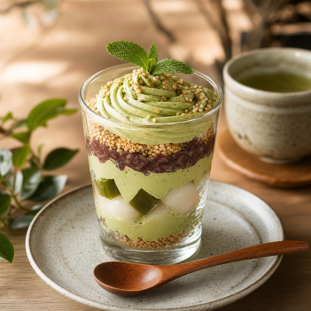 Matcha mochi parfait with layered cream, red bean, and toasted sesame