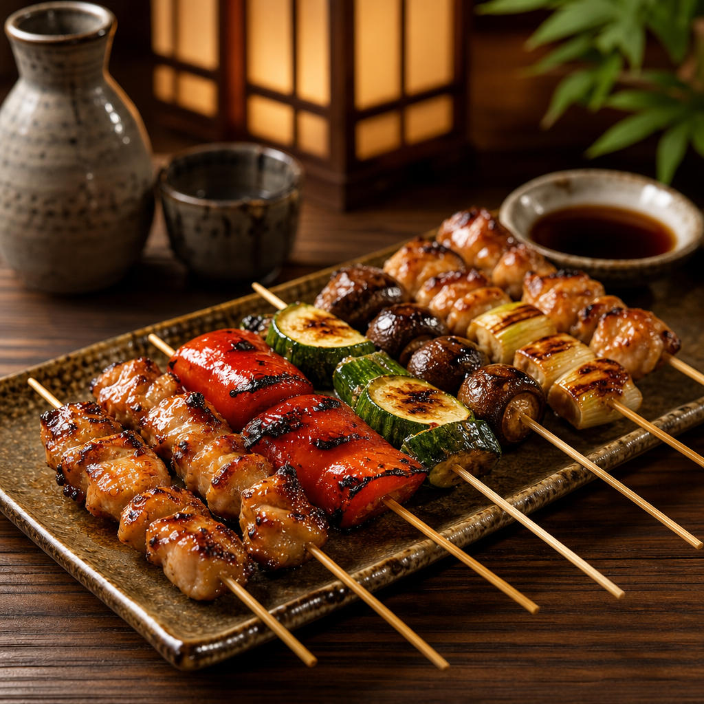 Robata skewers with glazed vegetables and chicken on a ceramic platter