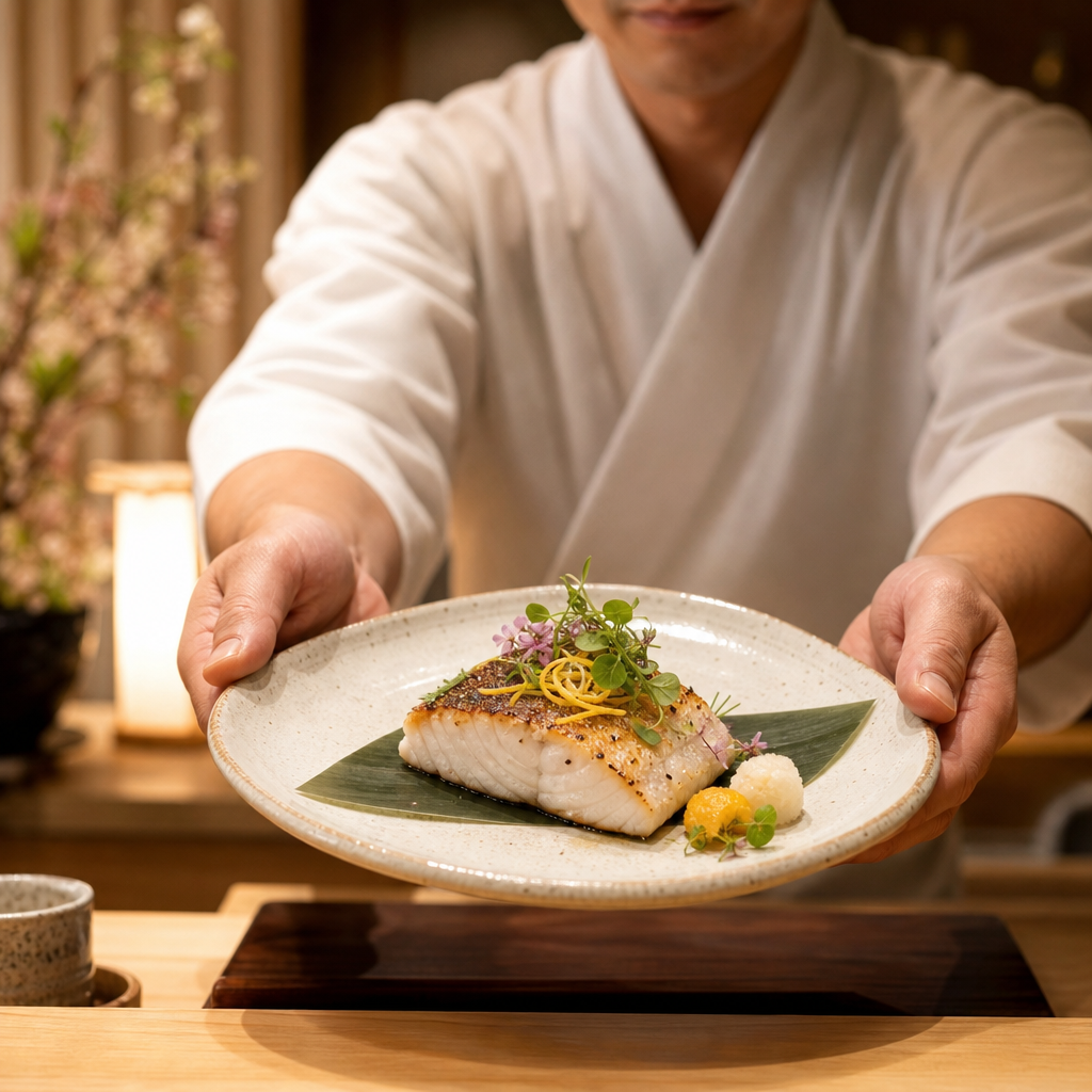 Chef placing a seasonal omakase course with grilled fish and citrus garnish