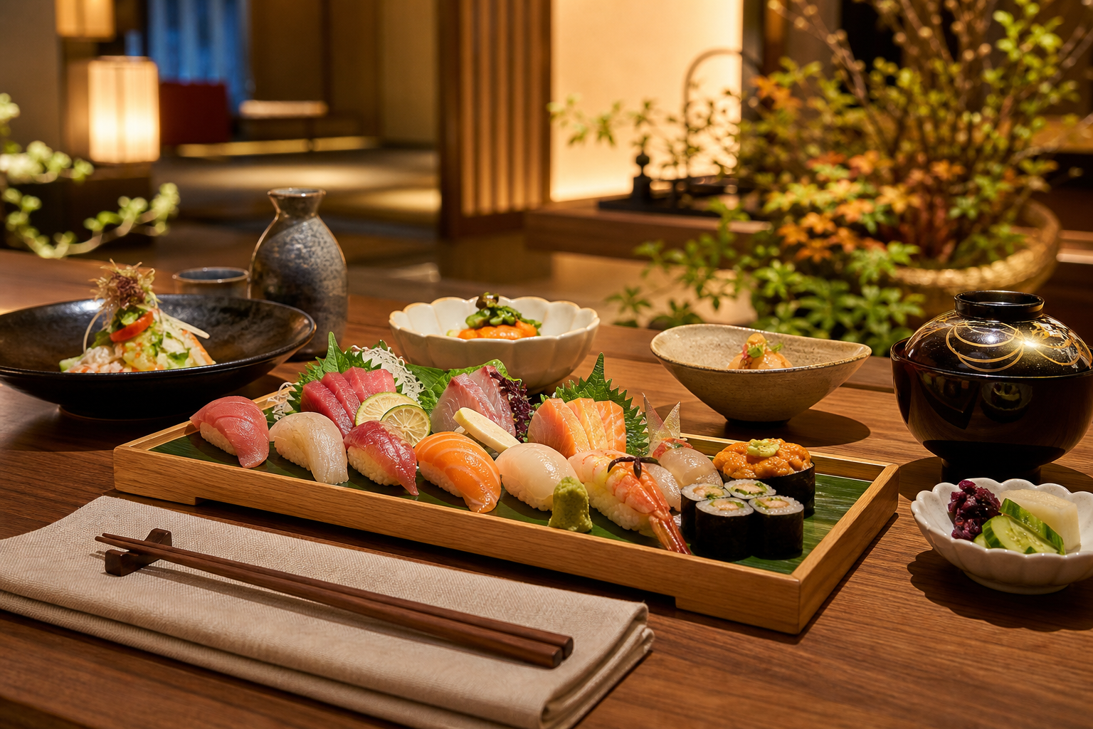 Elegant Japanese dining table with a wooden tray of assorted sushi, sashimi, and small seasonal side dishes, softly lit with a warm modern ambiance