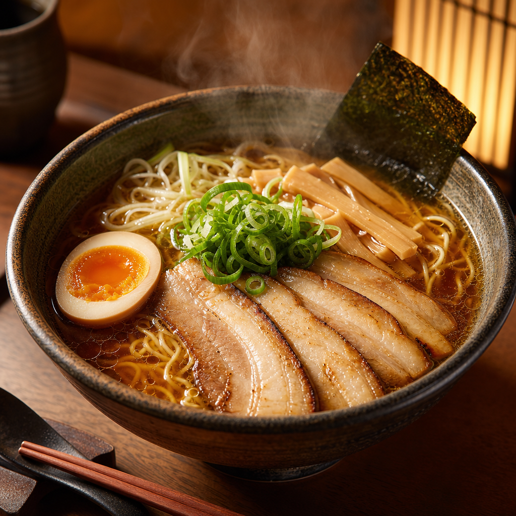 Steaming bowl of shoyu ramen with pork belly, scallions, and soft egg