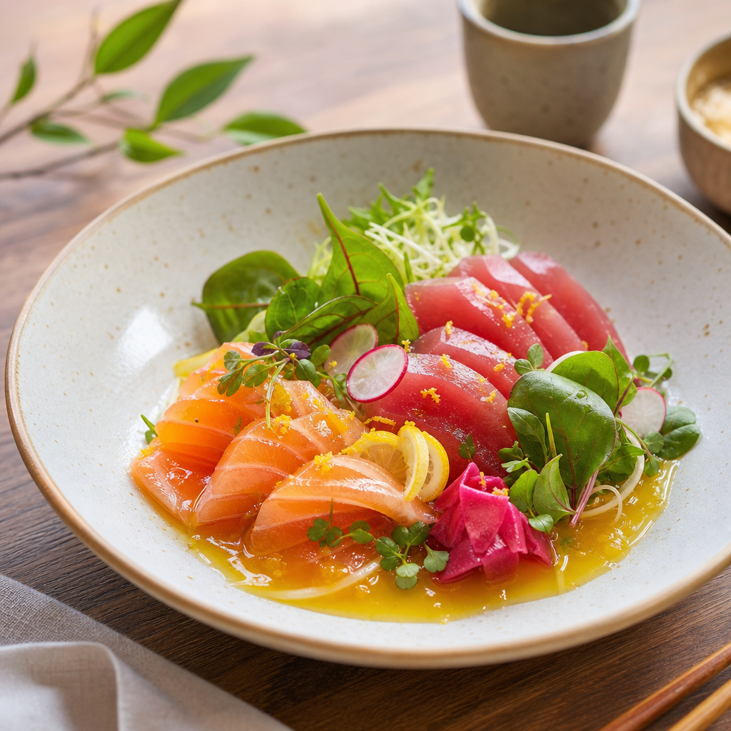 Seasonal kaiseki bowl with delicate sashimi, baby greens, and yuzu glaze