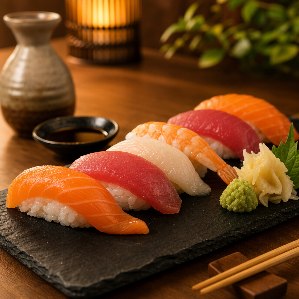 Assorted sushi nigiri with salmon, tuna, and shrimp on a slate plate