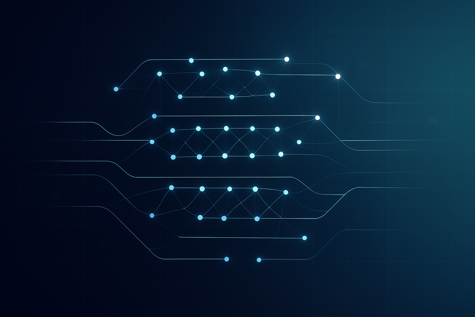 Abstract tech visualization of layered neural network lines and glowing data nodes in a modern interface