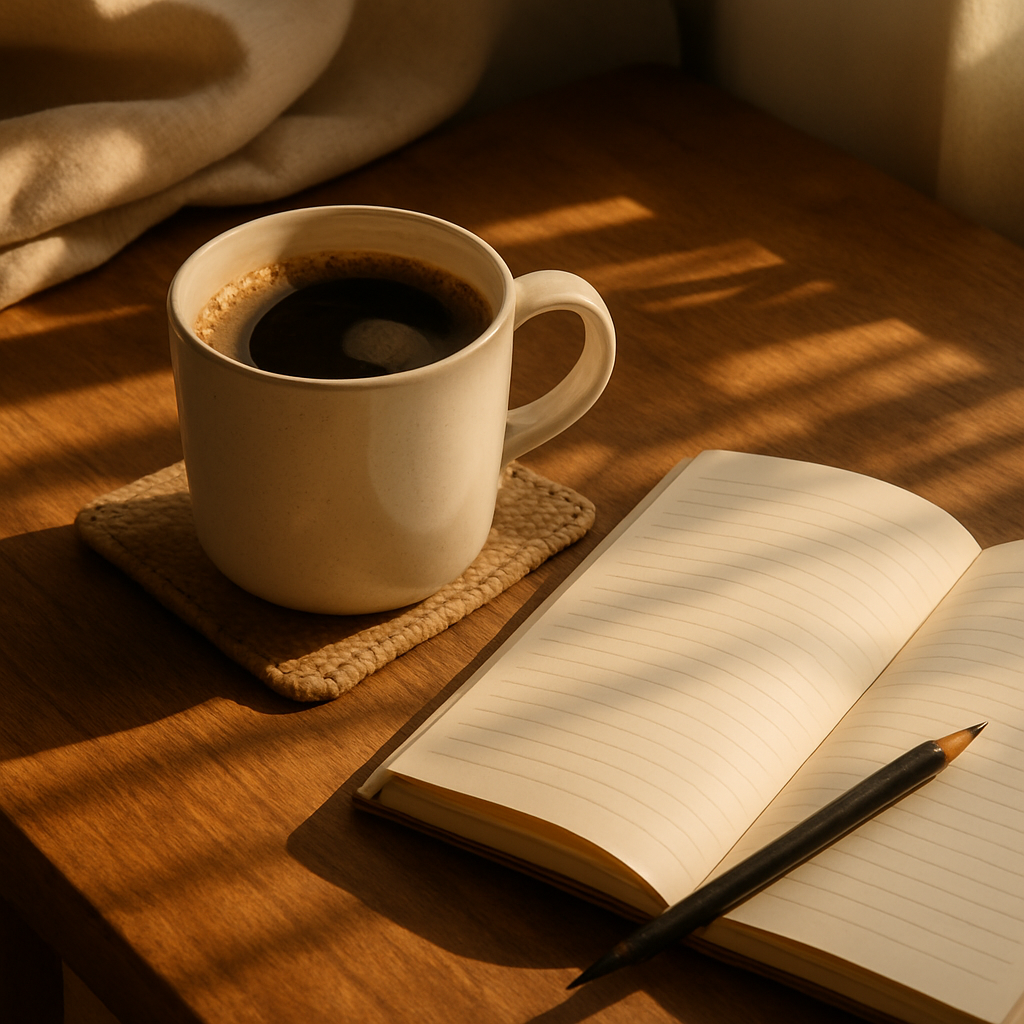 A cozy morning scene with coffee, journal, and soft sunlight