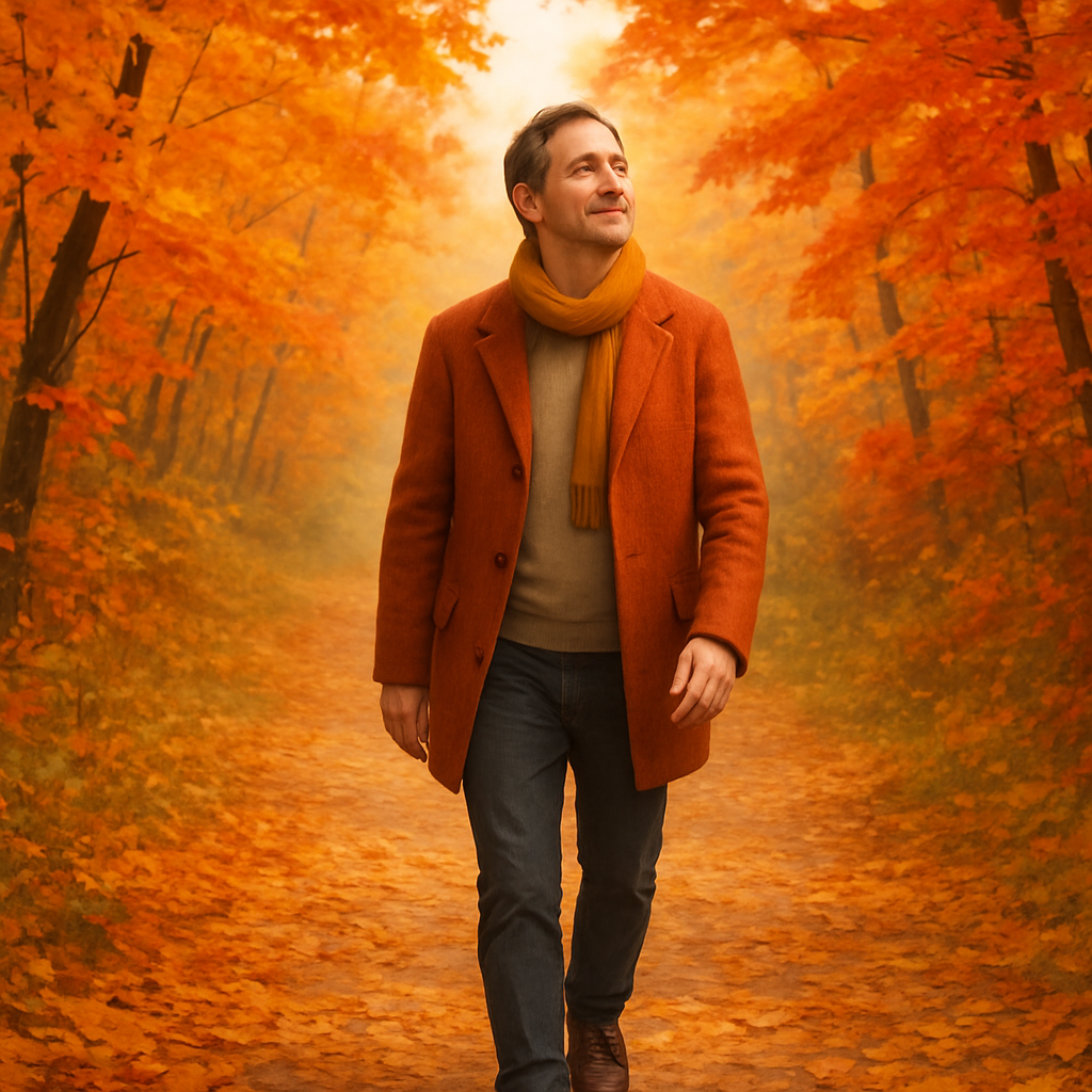A person walking along a leafy path during autumn, looking hopeful and thoughtful